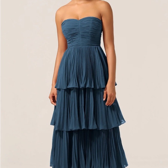 Formal Strapless Teal Blue Tiered Maxi Dress - Picture 4 of 11